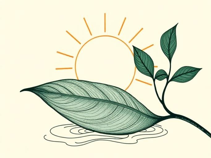Botanical illustration of a sun over a flowing leaf