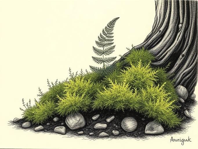 Botanical illustration of moss, fern, and rooted stone